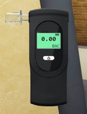 Breathalyzer device in the game scene with a 0.00 BAC display and a power control.