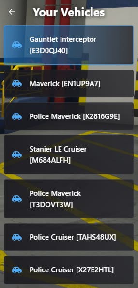 Your Vehicles garage list with named patrol vehicles and plates, the Gauntlet Interceptor row outlined in blue.