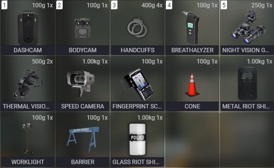 Police equipment inventory holding a dashcam, bodycam, handcuffs, breathalyzer, goggles, speed camera, fingerprint scanner, cones, shields, worklight and barrier.