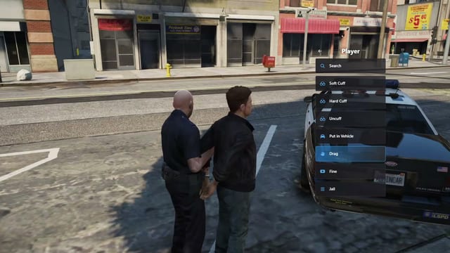 An officer with the Player menu open drags a handcuffed man to a patrol car and seats him inside, then opens the Vehicle menu beside the car.
