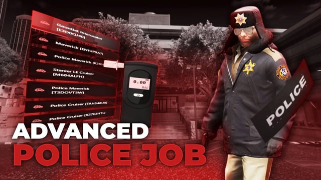 Officer in a winter jacket with a breathalyzer beside a list of patrol vehicles.