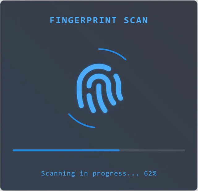 Fingerprint Scan panel with a glowing fingerprint, a progress bar and the text Scanning in progress... 62%.