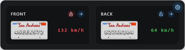 Vehicle radar with a front pane showing plate 46EEK572 at 132 km/h with the lock on, and a back pane showing plate 82JXR104 at 64 km/h.