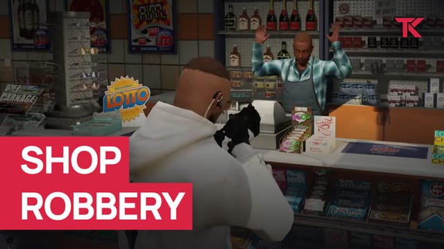 Player aiming a pistol at a shop cashier who has his hands raised behind the counter.