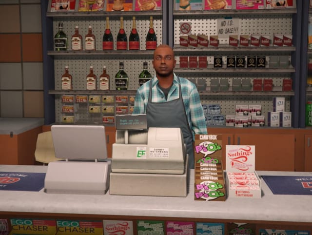 Shop clerk behind a counter with a cash register, magazines and cigarette shelves.
