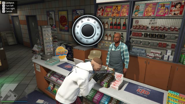 Player lockpicking a cash register with a safe-dial overlay, control hints for Lockpick, Turn left, Turn right and Cancel, and the prompt "Press E to start lockpicking the cash register".
