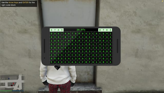 Phone-shaped hacking minigame showing a grid of hexadecimal code, a 28.97s timer and the instruction to use the arrow keys and Enter for the right code block.