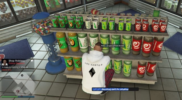Player searching a drinks shelf with the prompt "Press E to grab stuff from the shelf", a "Searching shelf for valuables" bar and a robbery dispatch notification.