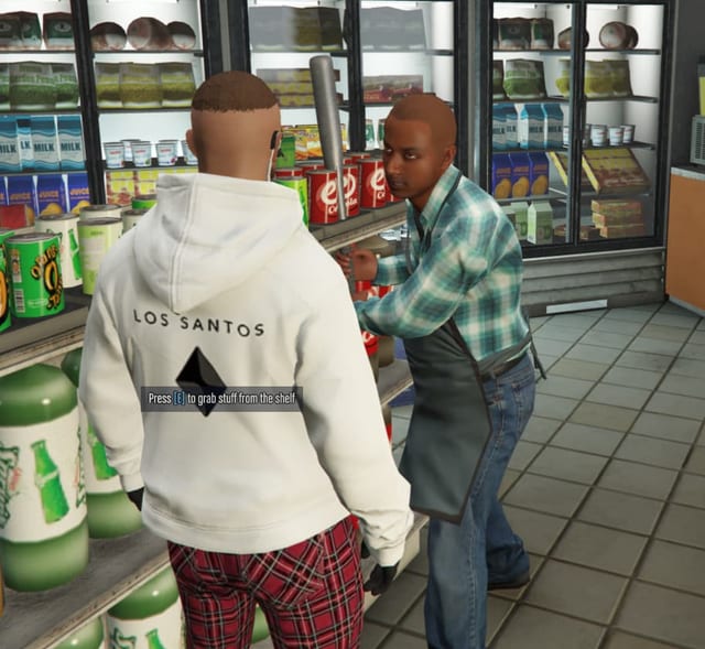 Shop clerk swinging a baseball bat at the player beside a shelf, with the prompt "Press E to grab stuff from the shelf".