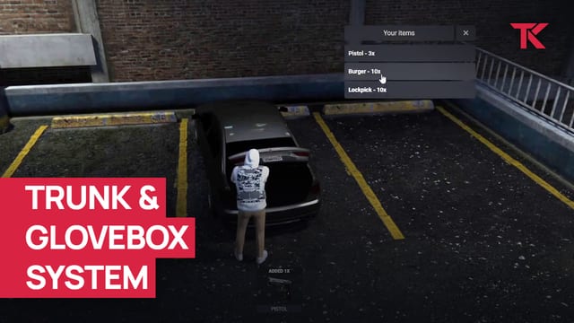 Player at the open trunk of a parked car in a parking garage, with a "Your items" list showing Pistol, Burger and Lockpick.