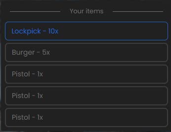 Your items list with Lockpick 10x, Burger 5x and three Pistol 1x entries.