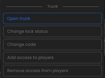 Trunk menu with Open trunk, Change lock status, Change code, Add access to players and Remove access from players.