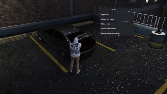 Player at the open trunk of a dark car in a parking garage beside a Trunk menu: Open trunk, Change lock status, Change code, Add access to players and Remove access from players.
