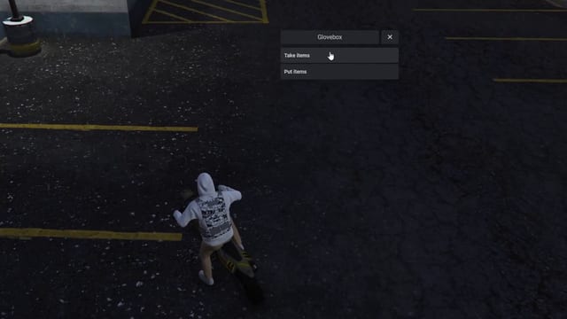 Player sitting on a motorcycle in a dark parking garage beside a Glovebox menu with Take items and Put items.