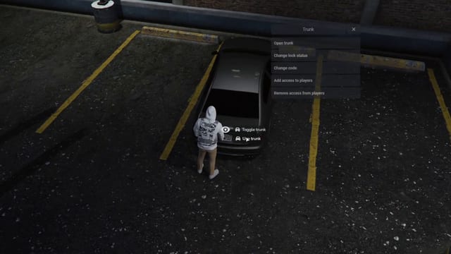Player at the back of a parked car in a parking garage with a Trunk menu open: Open trunk, Change lock status, Change code, Add access to players and Remove access from players.