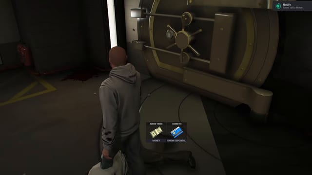 A player walks up to a round steel vault door, swipes a keycard in a pop-up reader and uses the keypad, then the door swings open beside a Union Depository sign.