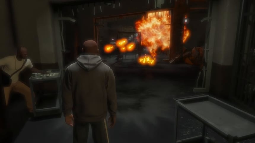 Player in a hoodie facing an explosion at a barred doorway, with a second character at a trolley of money on the left.