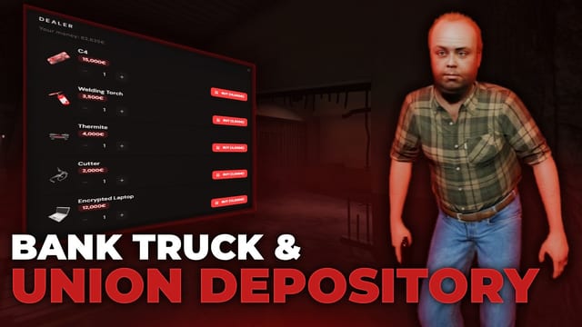 A character beside the heist dealer shop offering C4, a welding torch, thermite, a cutter and a laptop.