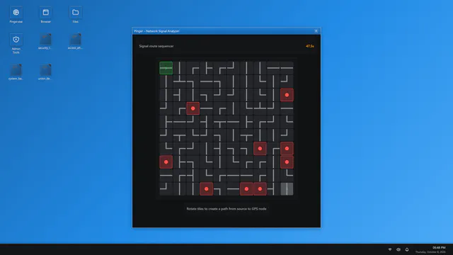 In-game computer desktop with the Pinger Network Signal Analyzer window open, a signal route tile grid, a 47.5 second timer and the instruction to route the source to the GPS node.