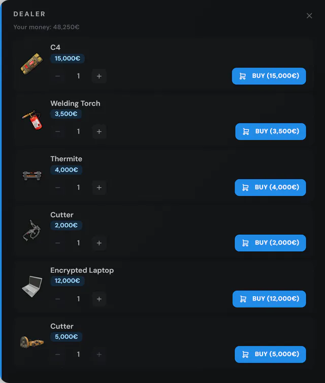 Dealer shop listing C4, Welding Torch, Thermite, Cutter, Encrypted Laptop and the Cutter vehicle with prices, quantity steppers and Buy buttons.