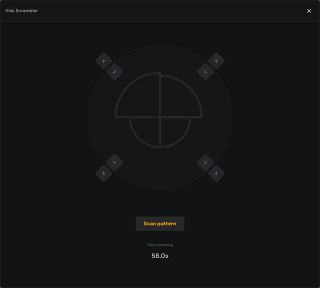 Disk Scrambler elevator hack minigame with four adjustable disk segments, a Scan pattern button and 58.0 seconds remaining.