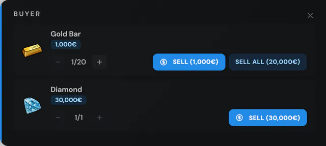Loot buyer offering a gold bar with Sell and Sell all buttons and a diamond with a Sell button, with prices.