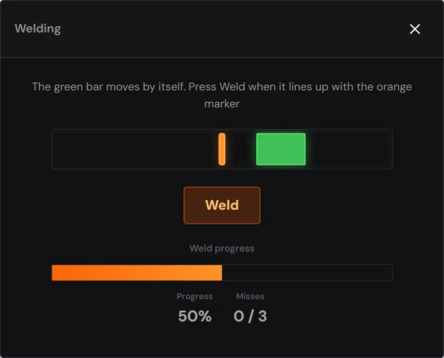 Welding minigame at 50% progress with 0 of 3 misses, a moving green zone, an orange marker and a Weld button.