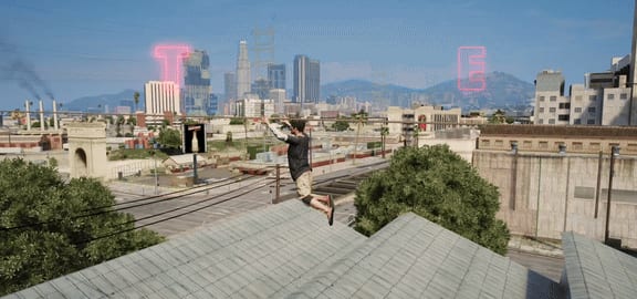 Player in mid-air above a rooftop with the city skyline behind and pink neon letters T and E in the sky.